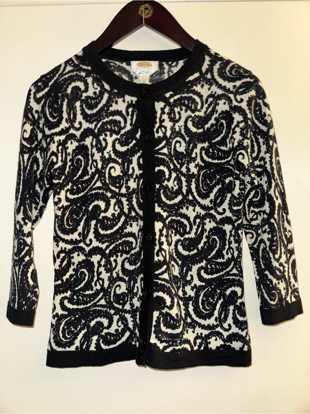 Talbots Sz Small Black and White Paisley-Print Button Cardigan Merino Wool